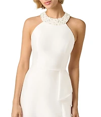 Adrianna Papell Embellished Halter Neck Ruffle Mikado A-Line Gown