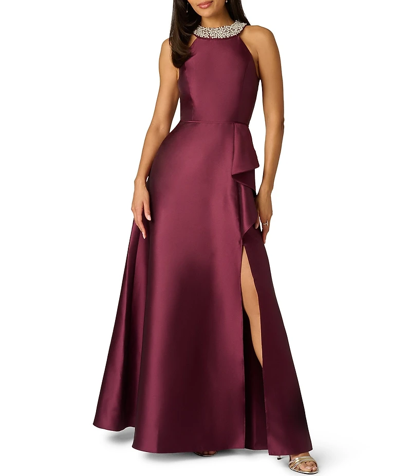 Adrianna Papell Embellished Halter Neck Ruffle Mikado A-Line Gown