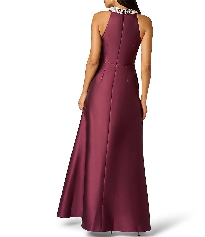 Adrianna Papell Embellished Halter Neck Ruffle Mikado A-Line Gown