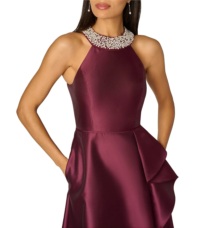 Adrianna Papell Embellished Halter Neck Ruffle Mikado A-Line Gown