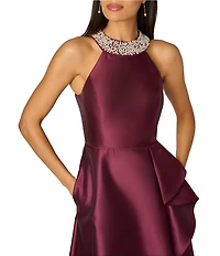 Adrianna Papell Embellished Halter Neck Ruffle Mikado A-Line Gown