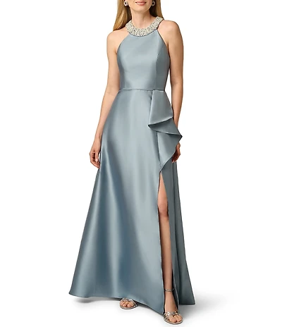 Adrianna Papell Embellished Halter Neck Ruffle Mikado A-Line Gown