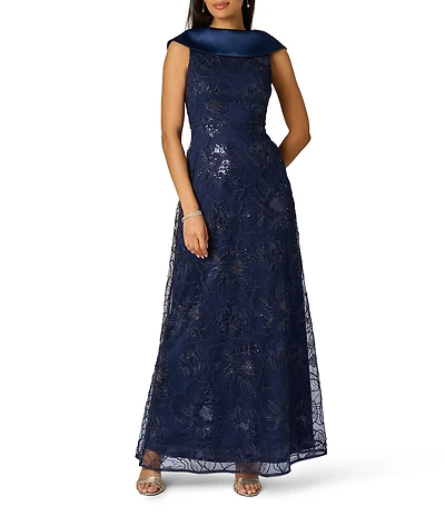 Adrianna Papell Embroidered Combo Long Gown