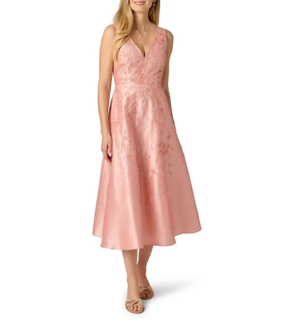 Adrianna Papell Embroidered Dupioni Midi Dress