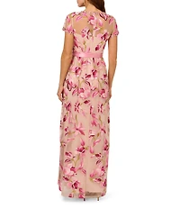 Adrianna Papell Embroidered Floral Print Crew Neck Short Sleeve Belted Waist Tie A-Line Gown