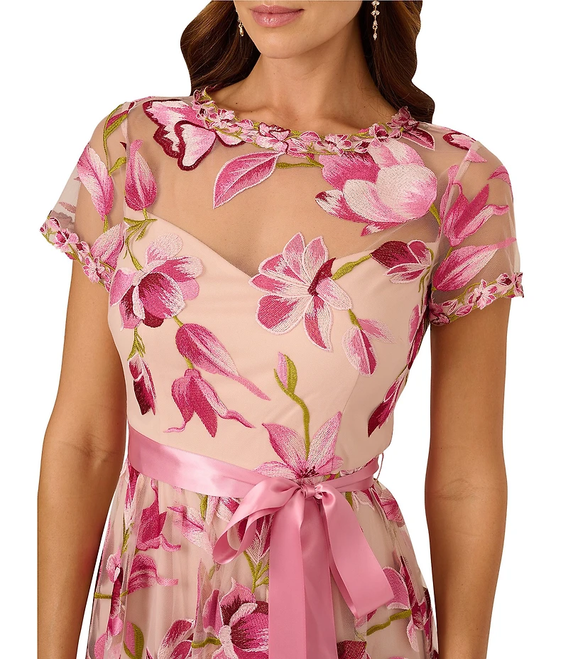 Adrianna Papell Embroidered Floral Print Crew Neck Short Sleeve Belted Waist Tie A-Line Gown
