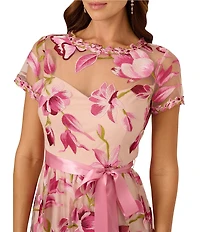 Adrianna Papell Embroidered Floral Print Crew Neck Short Sleeve Belted Waist Tie A-Line Gown