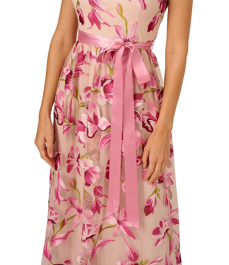 Adrianna Papell Embroidered Floral Print Crew Neck Short Sleeve Belted Waist Tie A-Line Gown