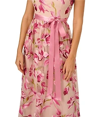 Adrianna Papell Embroidered Floral Print Crew Neck Short Sleeve Belted Waist Tie A-Line Gown