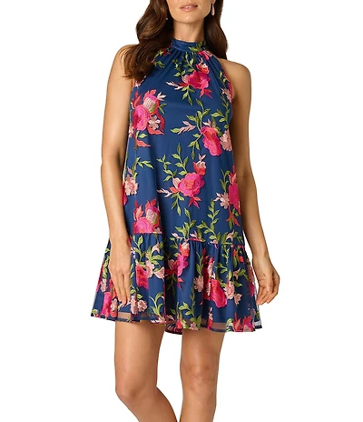 Adrianna Papell Embroidered Floral Print Sleeveless Halter Neck Dress