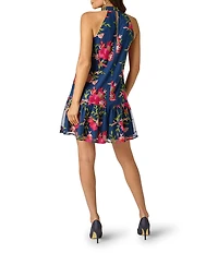 Adrianna Papell Embroidered Floral Print Sleeveless Halter Neck Dress