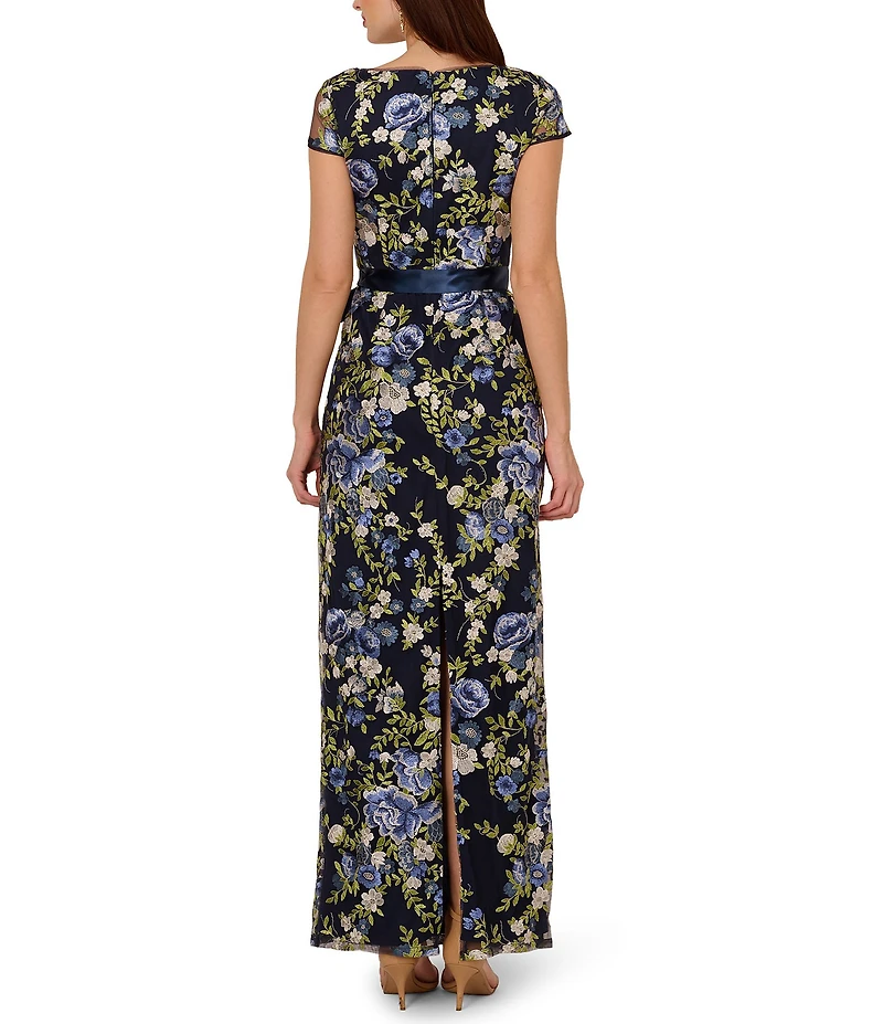Adrianna Papell Embroidered Floral Print Square Neck Short Sleeve Tie Waist Column Gown