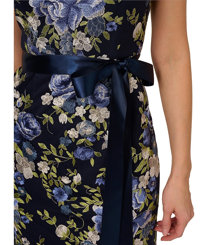 Adrianna Papell Embroidered Floral Print Square Neck Short Sleeve Tie Waist Column Gown