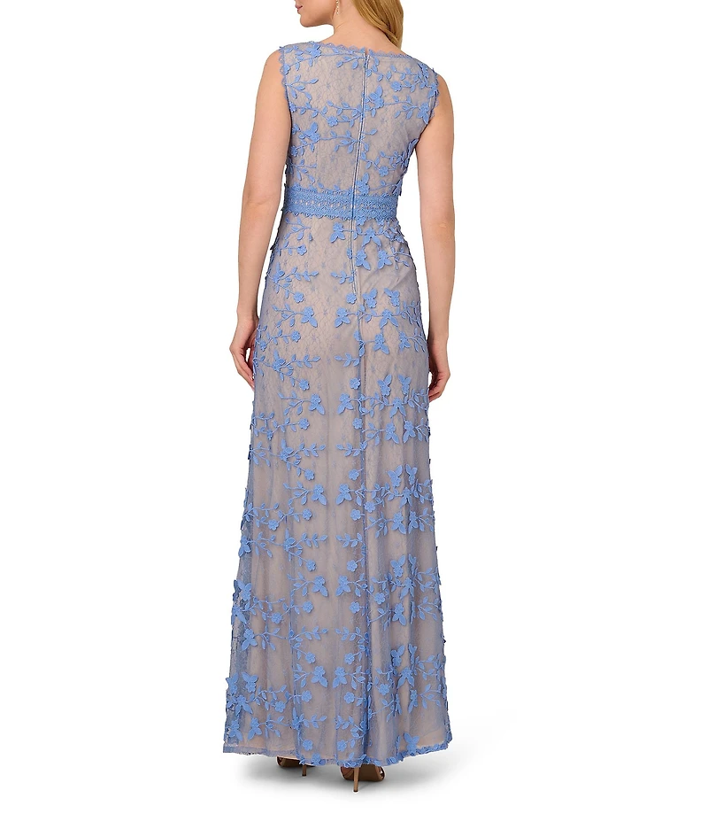 Adrianna Papell Embroidered Lace V-Neck Sleeveless Sheath Gown