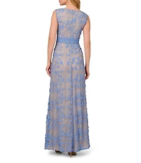 Adrianna Papell Embroidered Lace V-Neck Sleeveless Sheath Gown