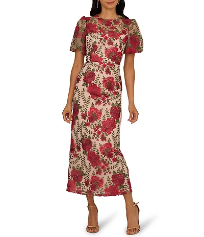 Adrianna Papell Embroidered Mesh Puff Sleeve Sheath Dress