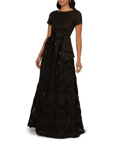 Adrianna Papell Embroidered Soutache Floral Short Sleeve Combo Gown