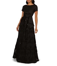 Adrianna Papell Embroidered Soutache Floral Short Sleeve Combo Gown