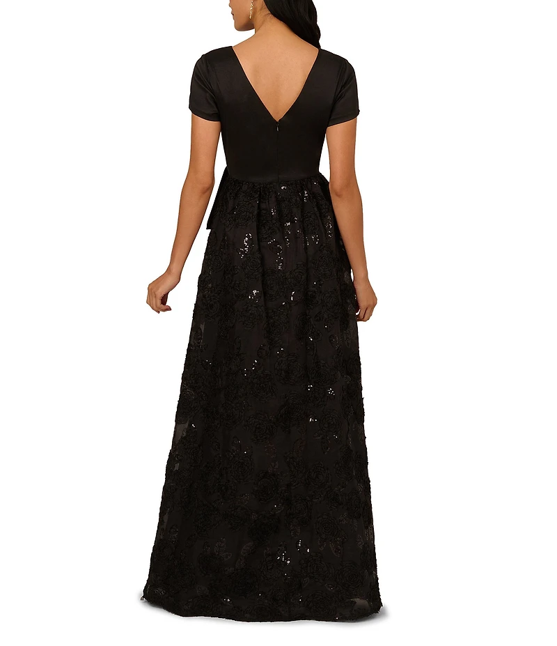 Adrianna Papell Embroidered Soutache Floral Short Sleeve Combo Gown