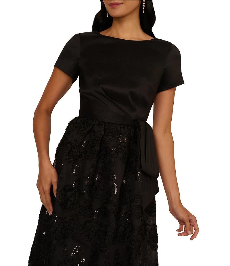Adrianna Papell Embroidered Soutache Floral Short Sleeve Combo Gown
