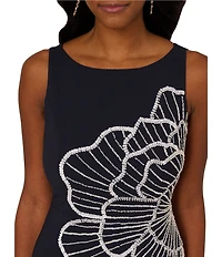 Adrianna Papell Floral Beaded Crepe Boat Neck Midi A-Line Dress