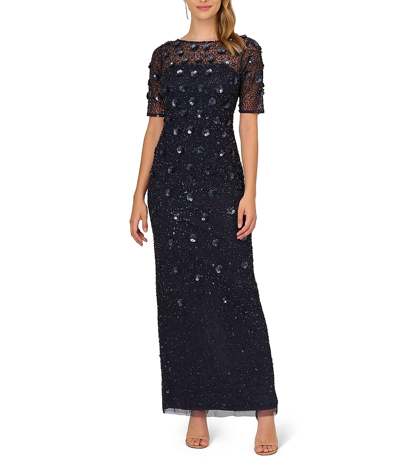 Adrianna Papell Floral Beaded Mesh Round Neck Short Sleeve Gown