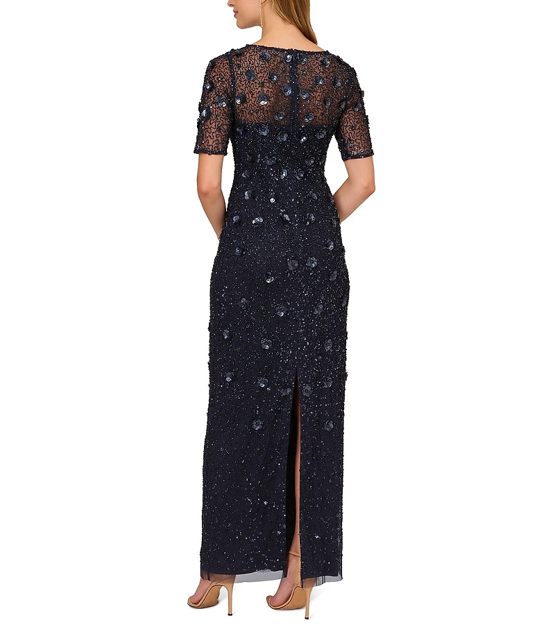 Adrianna Papell Floral Beaded Mesh Round Neck Short Sleeve Gown