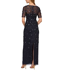 Adrianna Papell Floral Beaded Mesh Round Neck Short Sleeve Gown