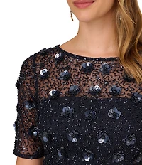 Adrianna Papell Floral Beaded Mesh Round Neck Short Sleeve Gown