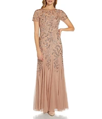 Adrianna Papell Round Neck Short Sleeve Floral Beaded Mesh Godet Fit and Flare Long Gown