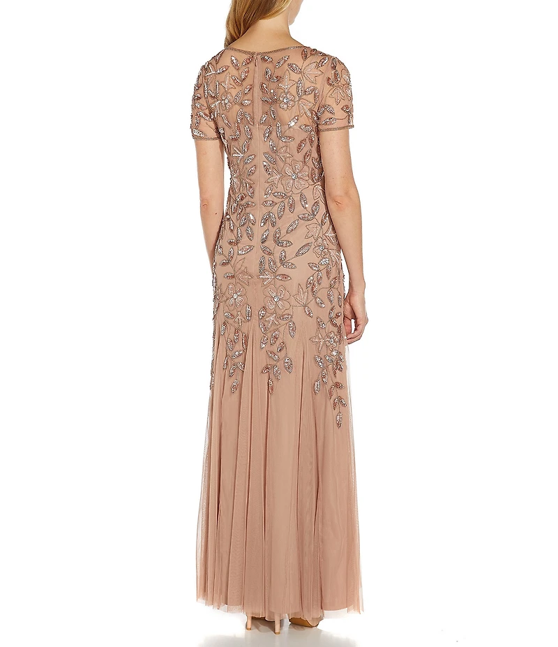 Adrianna Papell Round Neck Short Sleeve Floral Beaded Mesh Godet Fit and Flare Long Gown