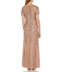 Adrianna Papell Round Neck Short Sleeve Floral Beaded Mesh Godet Fit and Flare Long Gown