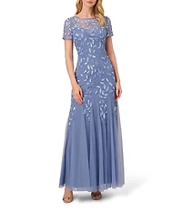 Adrianna Papell Round Neck Short Sleeve Floral Beaded Mesh Godet Fit and Flare Gown