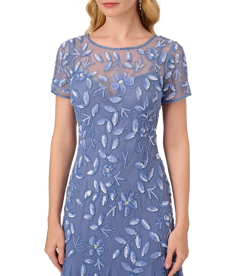 Adrianna Papell Round Neck Short Sleeve Floral Beaded Mesh Godet Fit and Flare Gown