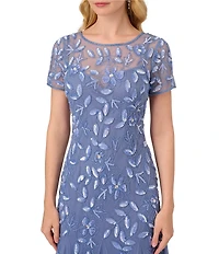 Adrianna Papell Round Neck Short Sleeve Floral Beaded Mesh Godet Fit and Flare Gown