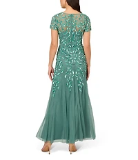 Adrianna Papell Round Neck Short Sleeve Floral Beaded Mesh Godet Fit and Flare Gown