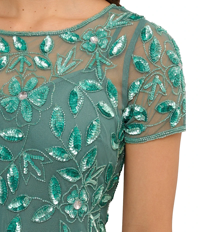Adrianna Papell Round Neck Short Sleeve Floral Beaded Mesh Godet Fit and Flare Gown