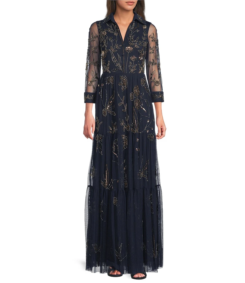 Adrianna Papell Floral Beaded Mesh 3/4 Sleeve Collared Shirt Dress Tiered Long Gown