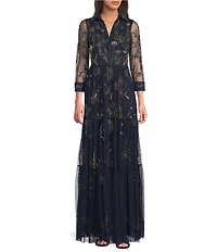 Adrianna Papell Floral Beaded Mesh 3/4 Sleeve Collared Shirt Dress Tiered Long Gown