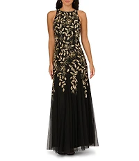 Adrianna Papell Floral Beaded Mesh Halter Neckline Sleeveless Godet Skirt Gown