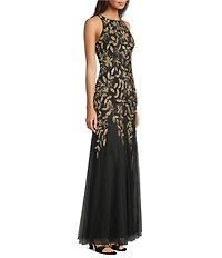 Adrianna Papell Floral Beaded Mesh Halter Neckline Sleeveless Godet Skirt Gown