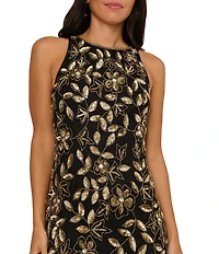 Adrianna Papell Floral Beaded Mesh Halter Neckline Sleeveless Godet Skirt Gown