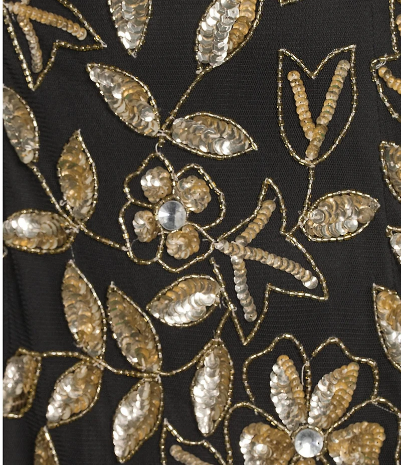 Adrianna Papell Floral Beaded Mesh Halter Neckline Sleeveless Godet Skirt Gown