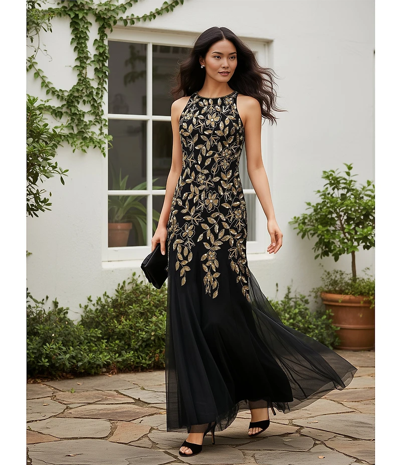 Adrianna Papell Floral Beaded Mesh Halter Neckline Sleeveless Godet Skirt Gown