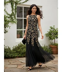 Adrianna Papell Floral Beaded Mesh Halter Neckline Sleeveless Godet Skirt Gown