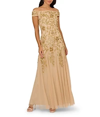 Adrianna Papell Floral Beaded Mesh Off The Shoulder Gown
