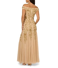 Adrianna Papell Floral Beaded Mesh Off The Shoulder Gown