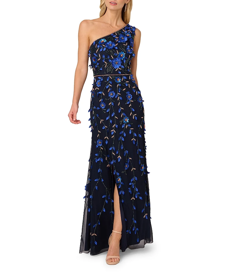 Adrianna Papell Floral Beaded Mesh One Shoulder Sleeveless Gown