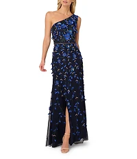 Adrianna Papell Floral Beaded Mesh One Shoulder Sleeveless Gown