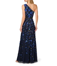 Adrianna Papell Floral Beaded Mesh One Shoulder Sleeveless Gown